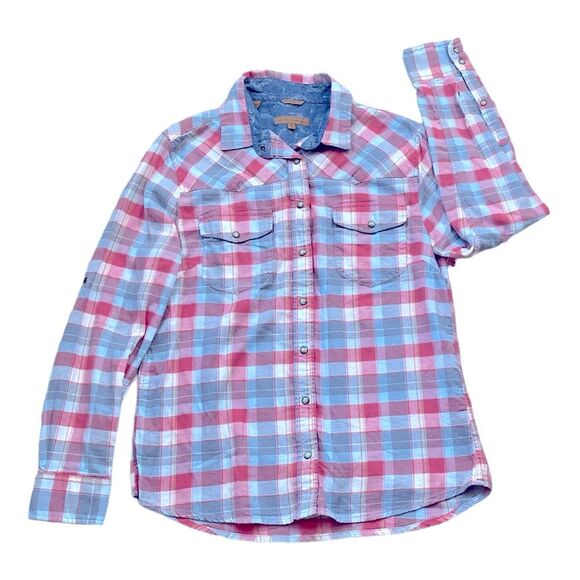 Jachs Girlfriend BEA Shirt SMALL Red Plaid Flannel Pearl Snap Button Cotton - Picture 1 of 11